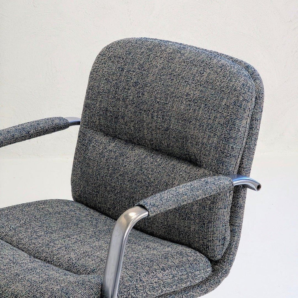 80s executive swivel armchair with textured wool upholstery and chrome armrests