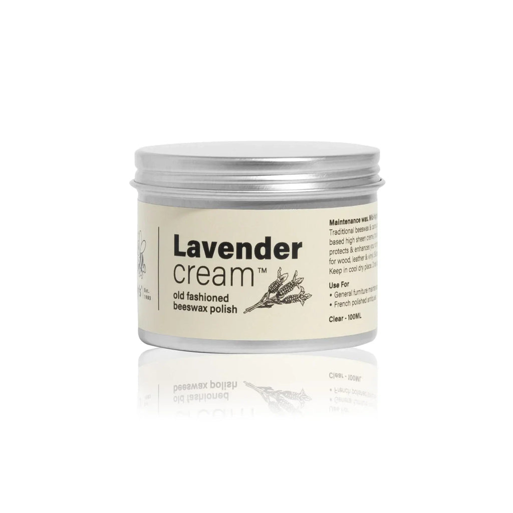 Lavender cream old fashioned beeswax polish 100ml tin with cream label on white background