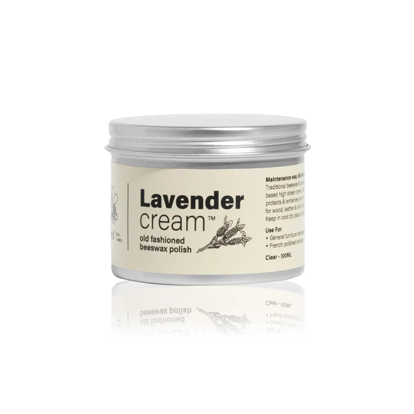 Lavender cream old fashioned beeswax polish 100ml tin with cream label on white background