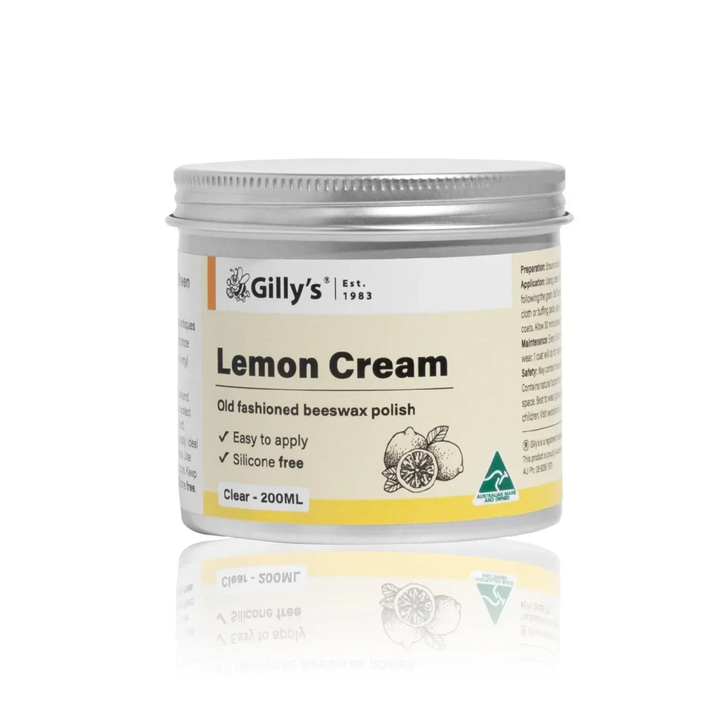 Gilly's Lemon Cream old fashioned beeswax polish 200ml tin with lemon illustration
