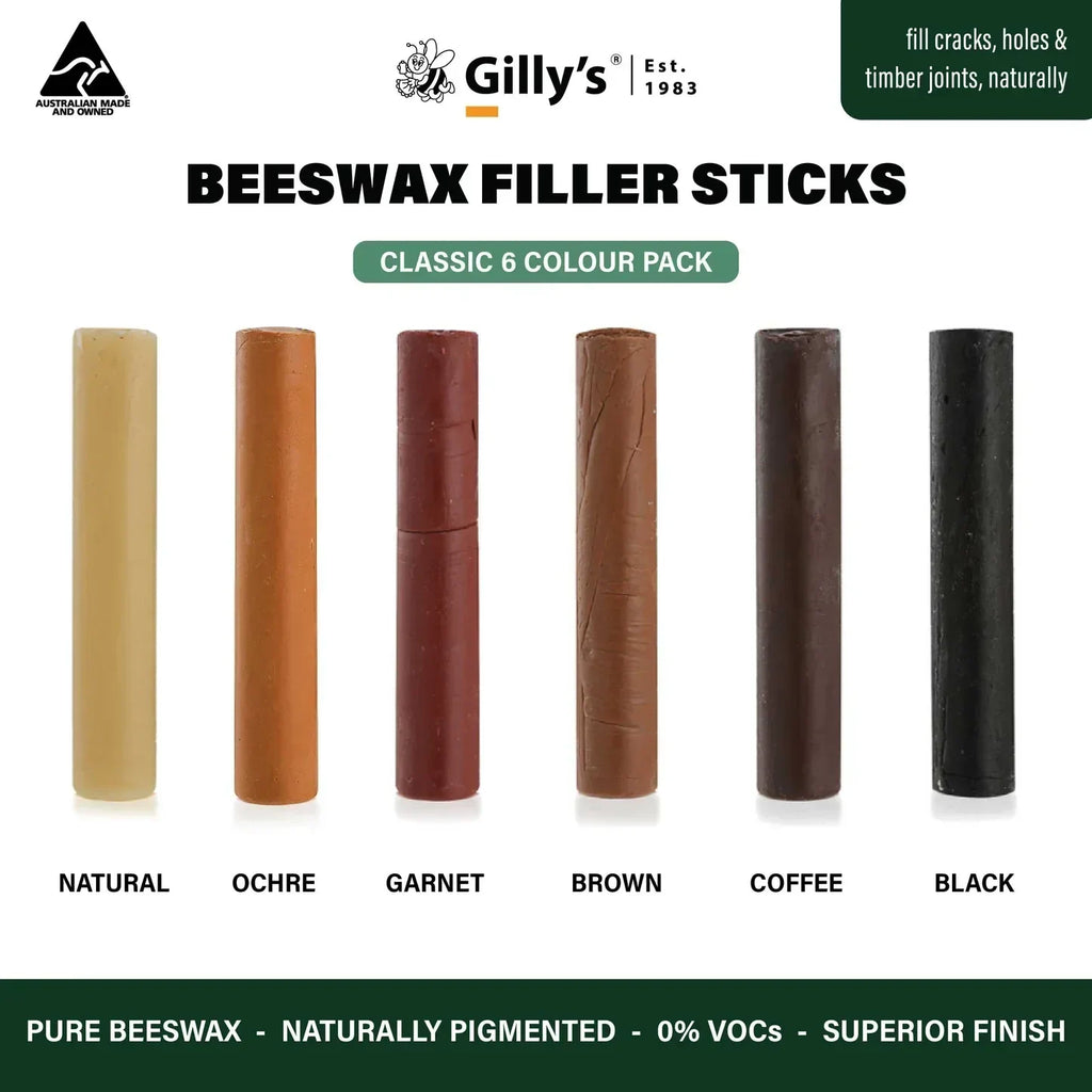 Gilly's beeswax filler sticks classic 6 colour pack for timber repair, natural finish