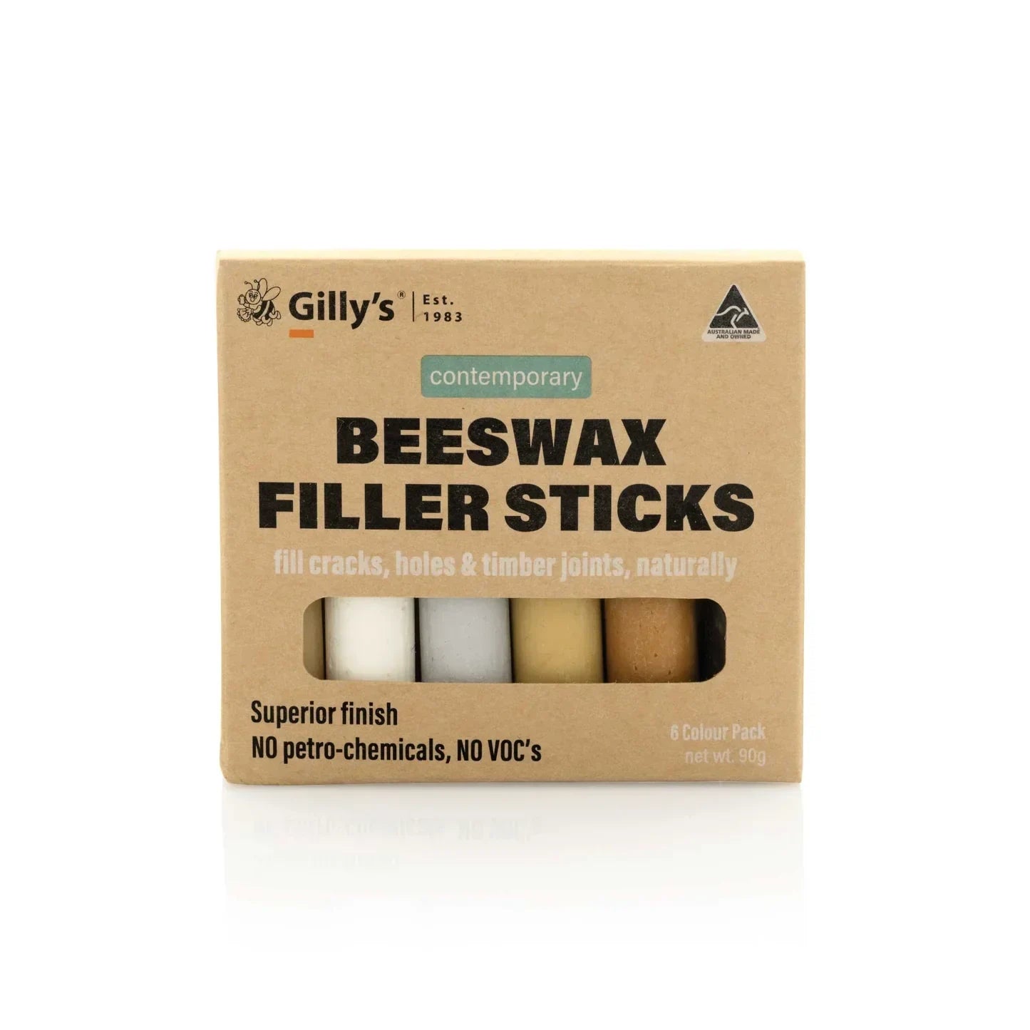 Gilly's Contemporary Beeswax Filler Sticks pack with six assorted colors in cardboard box