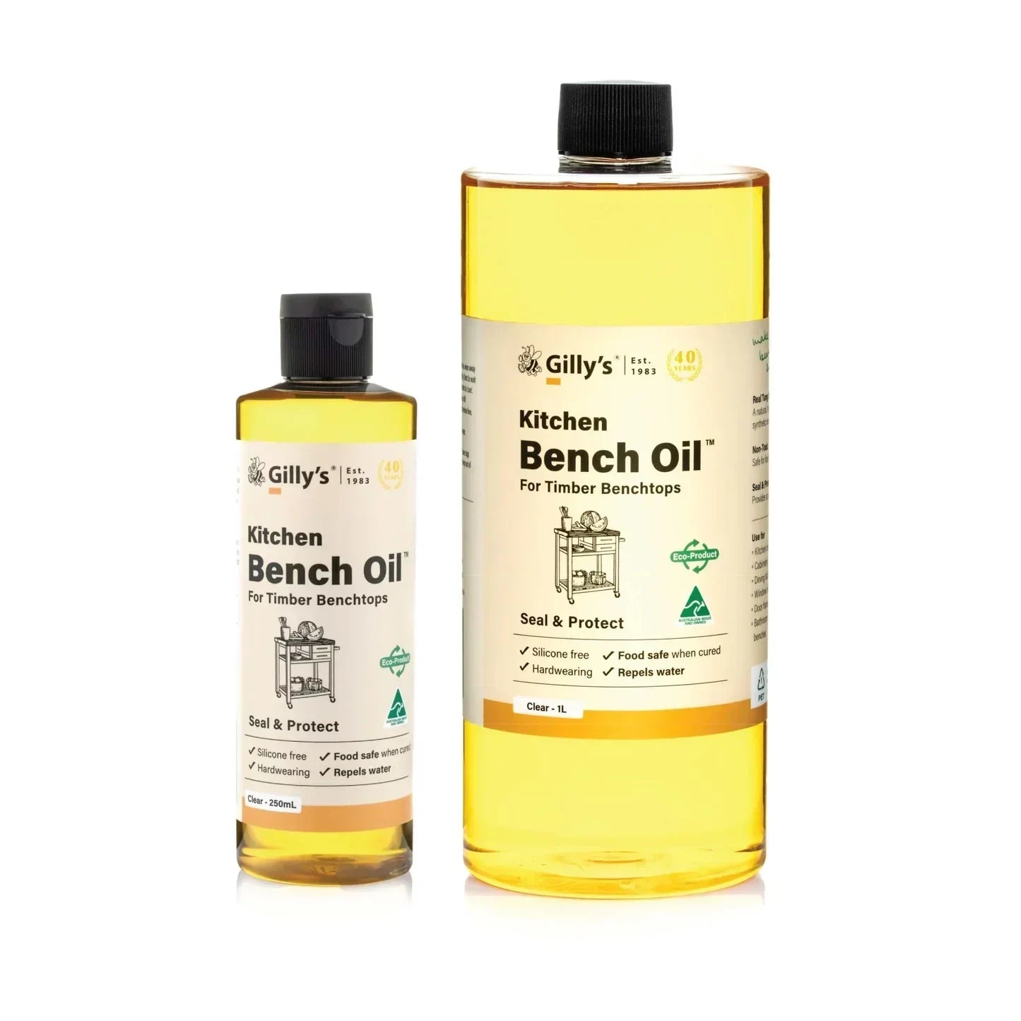 Gilly's Kitchen Bench Oil bottles for timber benchtops, 250ml and 1L sizes, on white background.