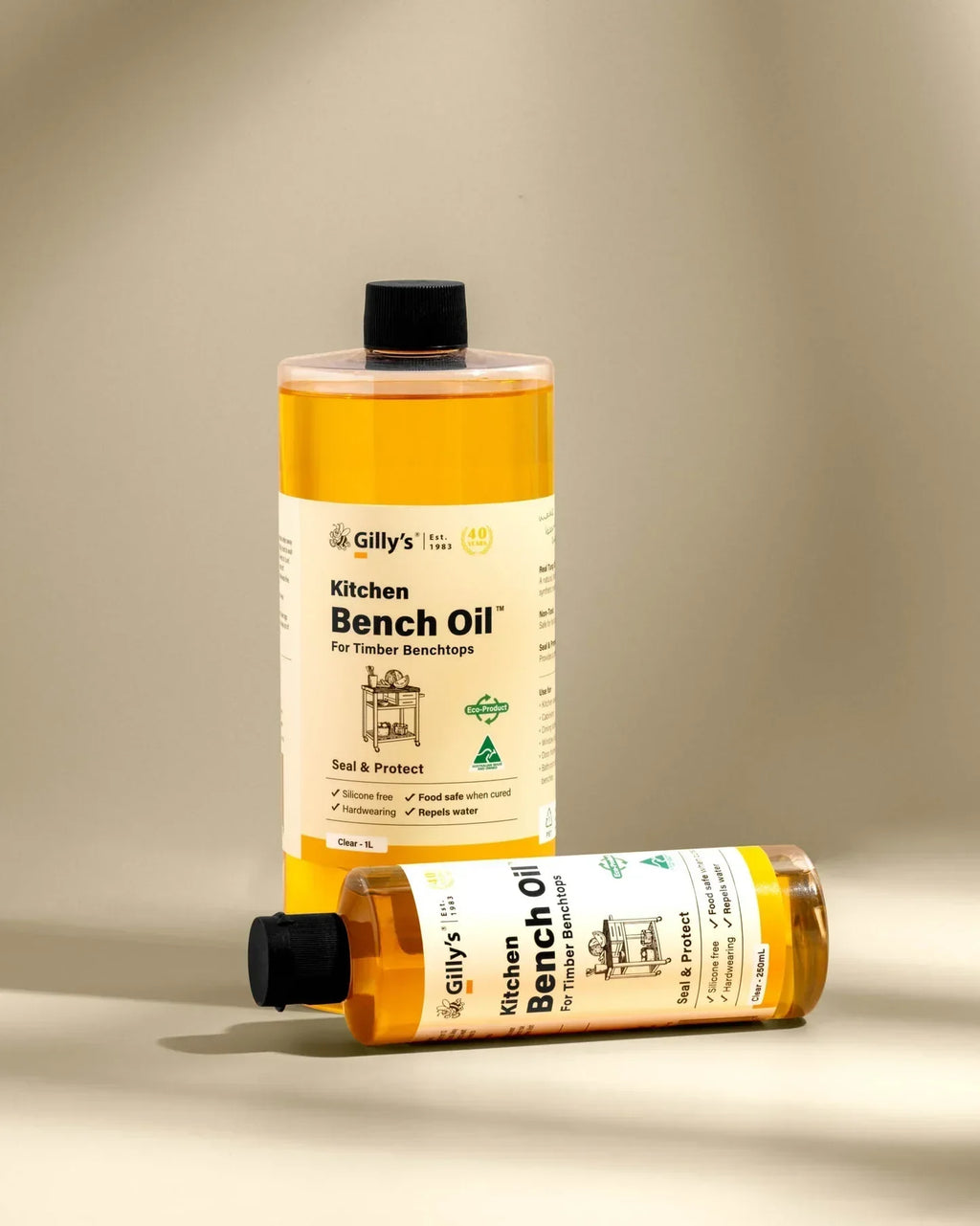 Gilly's Kitchen Bench Oil duo bottles for timber benchtops on neutral background