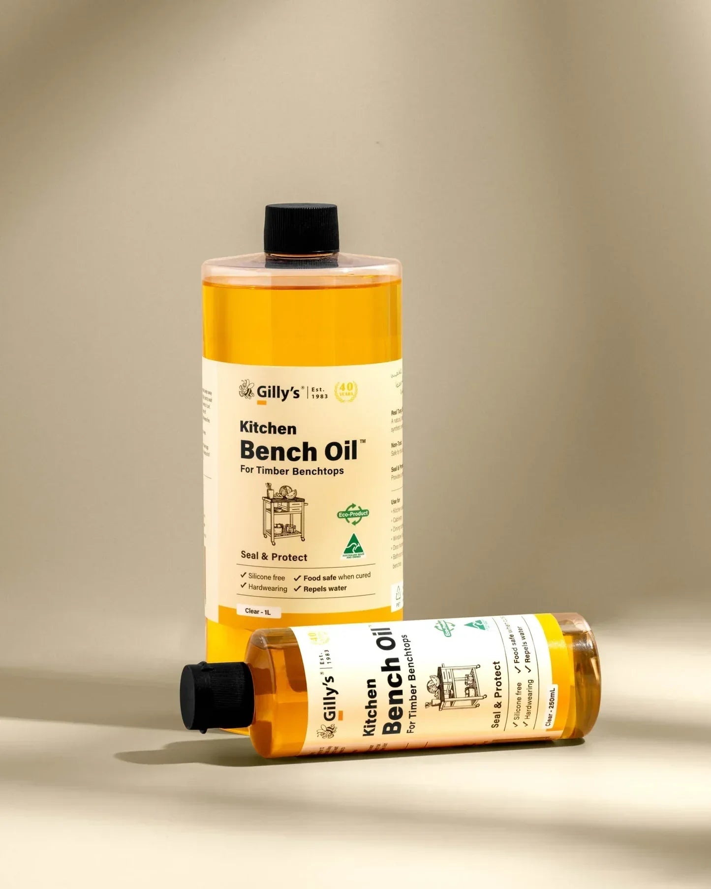 Gilly's Kitchen Bench Oil duo bottles for timber benchtops on neutral background