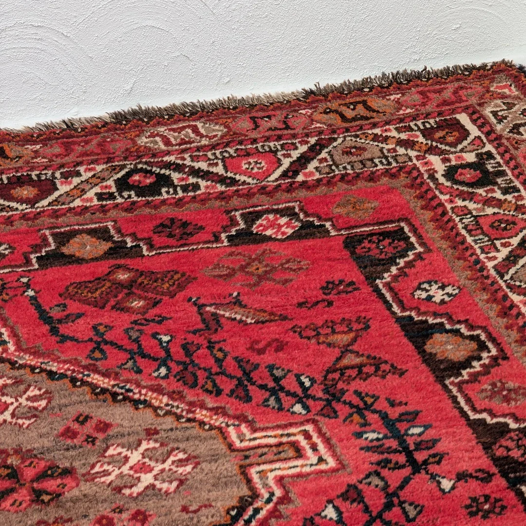 Red Persian rug with geometric patterns on a textured white wall background