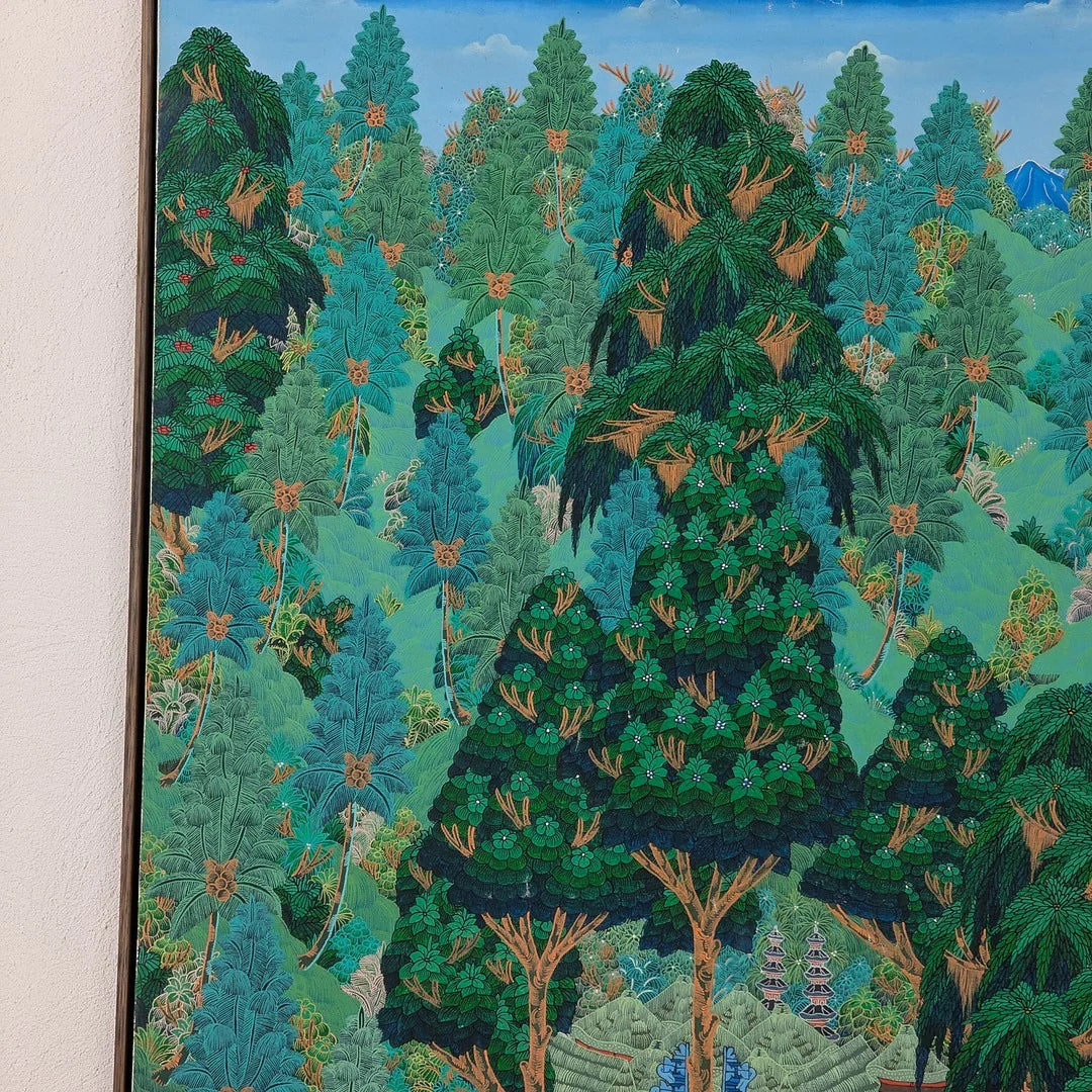 Detailed painting of lush green tropical forest with layered trees and distant blue mountain