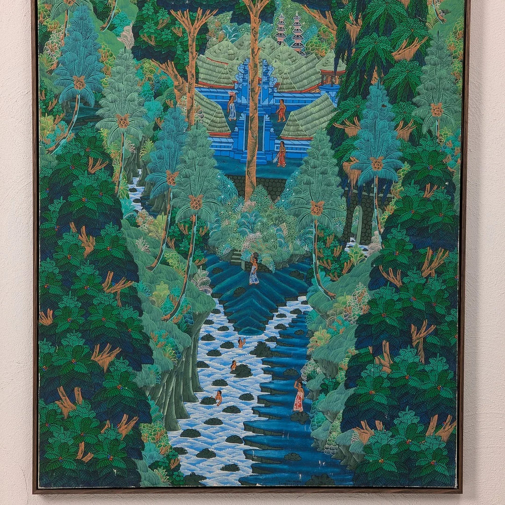 Intricate painting of tropical forest with river, traditional huts, and people in colorful attire