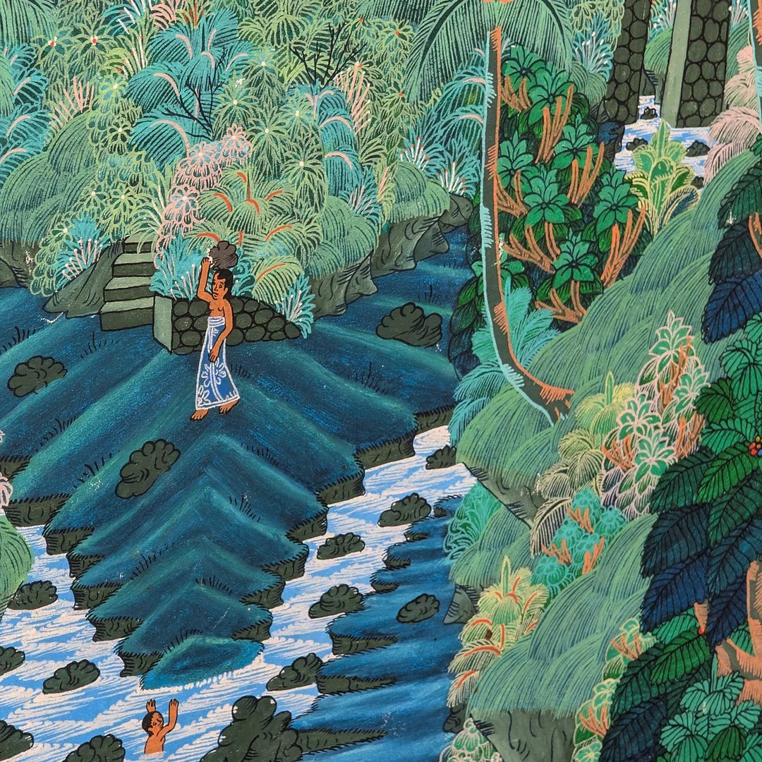 Illustration of tropical forest with a woman walking and another bathing in a river surrounded by lush greenery