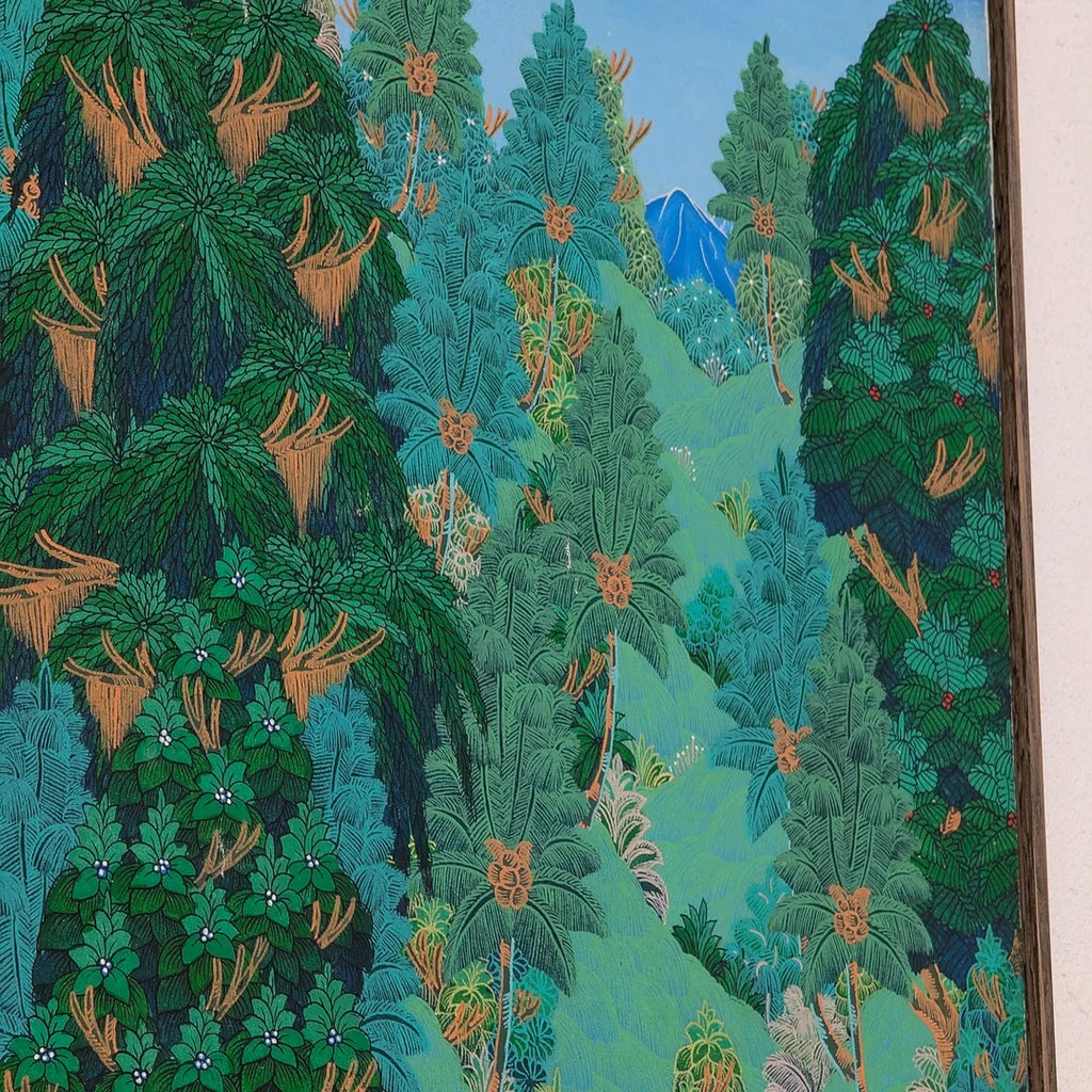 Detailed painting of lush green tropical forest with diverse trees and a distant blue mountain under blue sky