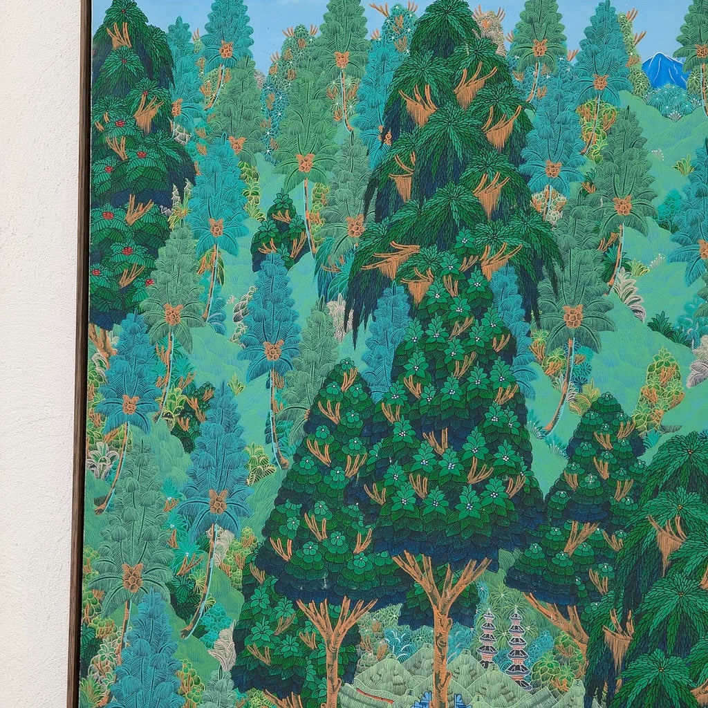 Detailed painting of lush green forest with dense trees and distant blue mountain peak