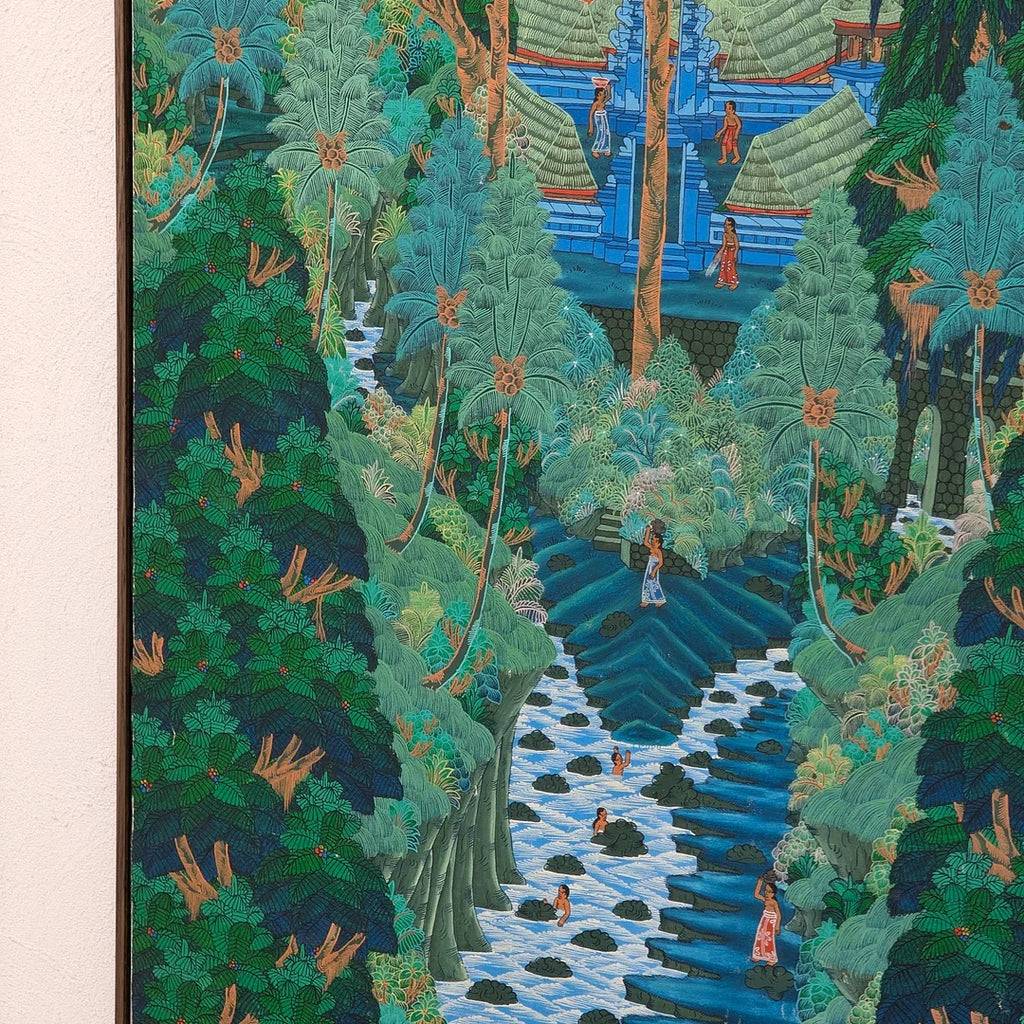 Traditional painting of a lush tropical river scene with palm trees, villagers, and blue temple buildings