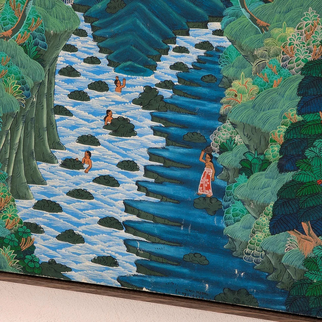 Colorful painting of three people in a flowing river surrounded by lush green tropical foliage