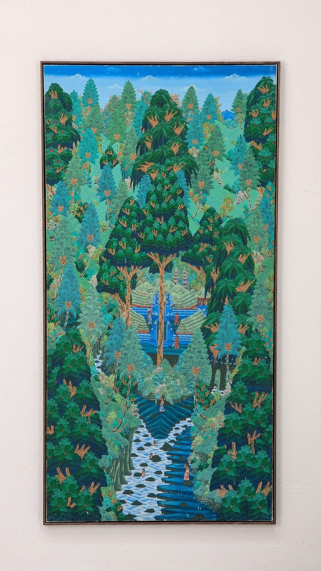Detailed painting of lush green forest with river and people near traditional blue temples