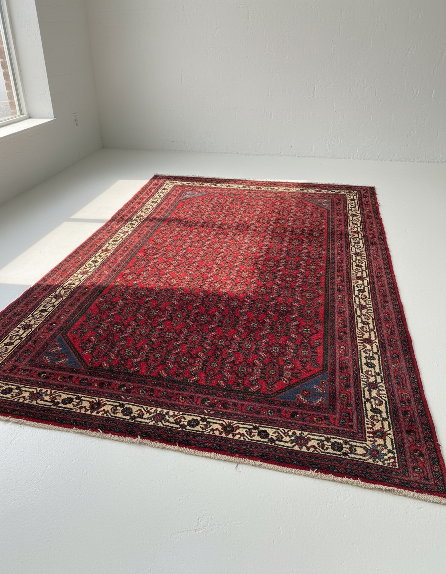 Vintage red Persian-style rug with intricate floral patterns on white floor by window light