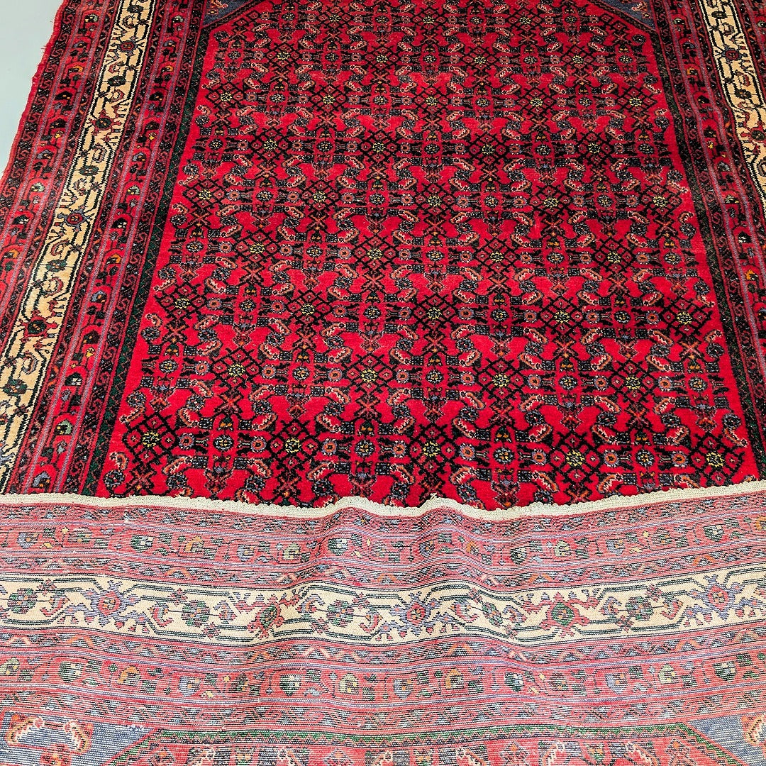 Detailed close-up of vintage red patterned rug with black and beige floral borders