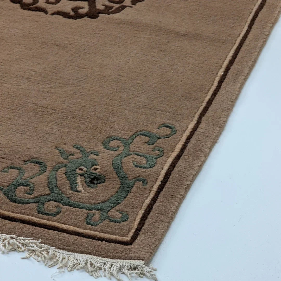 Brown wool rug with green dragon motif and fringe on white surface