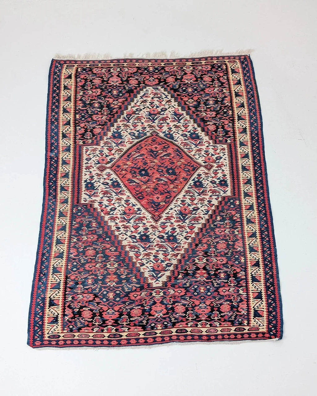 Handwoven Persian rug with intricate geometric floral patterns in red, blue, and cream.
