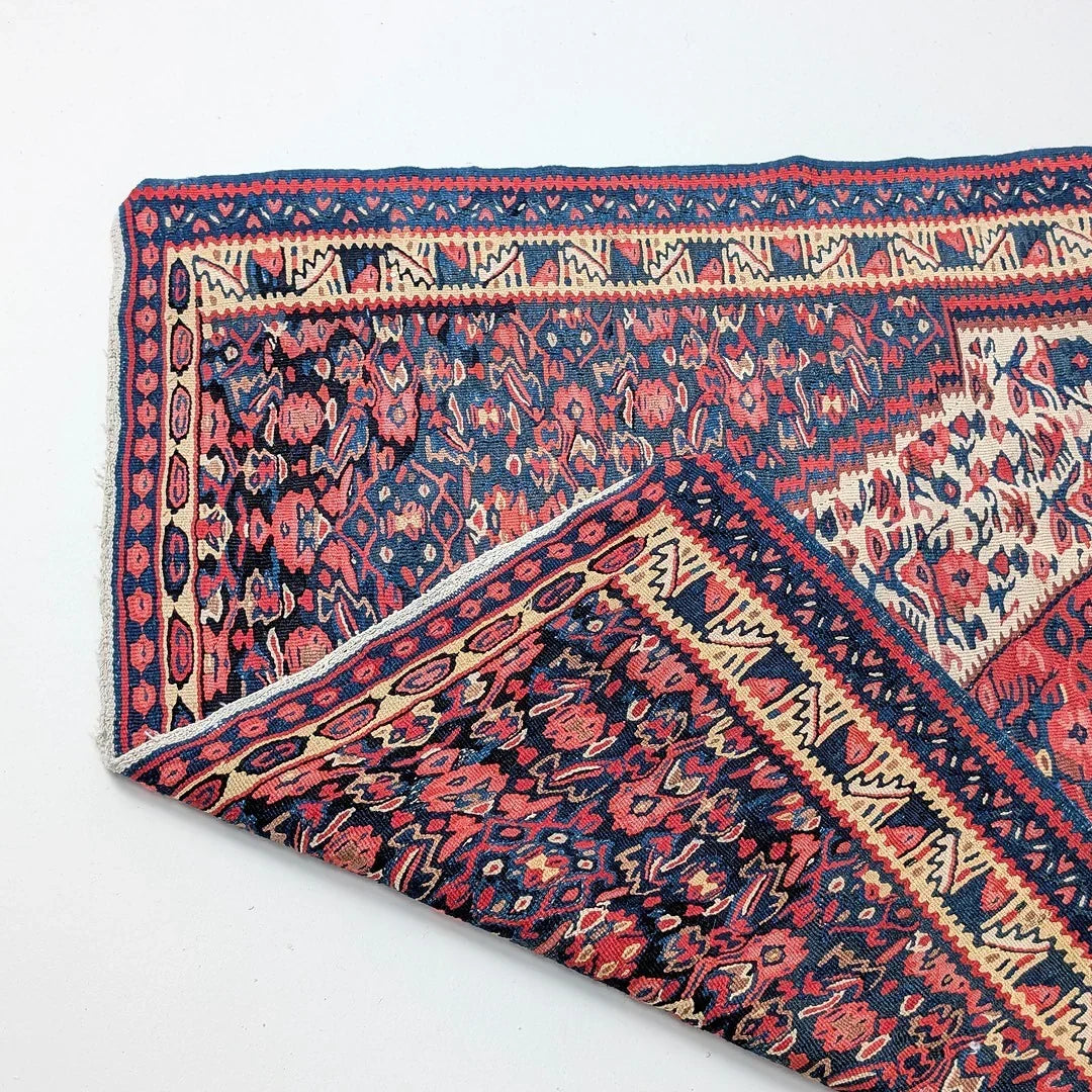 Patterned Persian rug with red, blue, and cream geometric and floral designs on white background