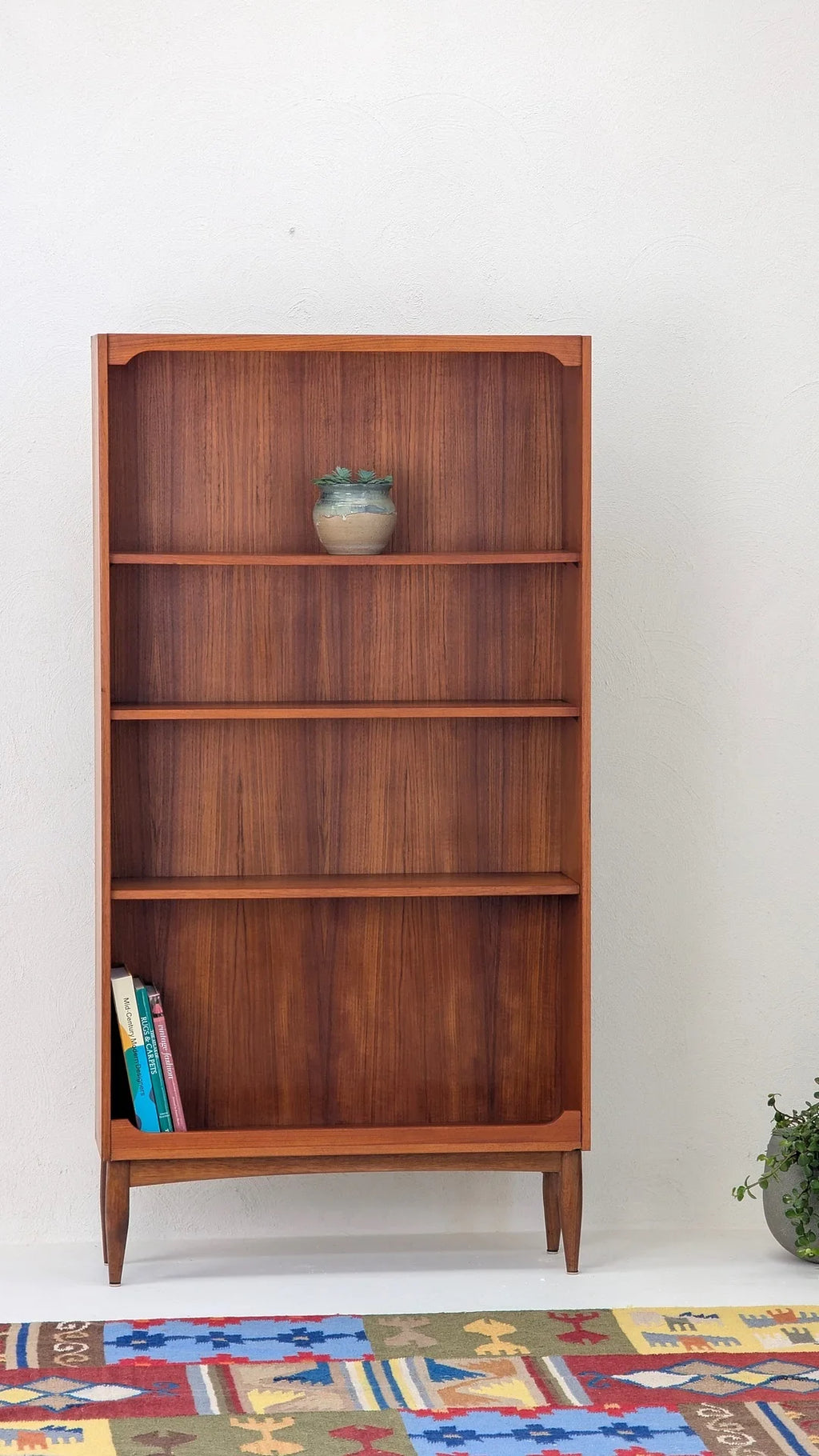 Mid-century wooden bookshelf with few books and a small potted plant, colorful patterned rug