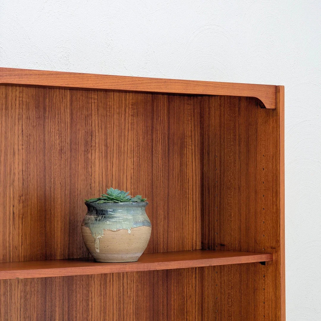 Succulent plant in a textured ceramic pot on a wooden shelf against a white wall