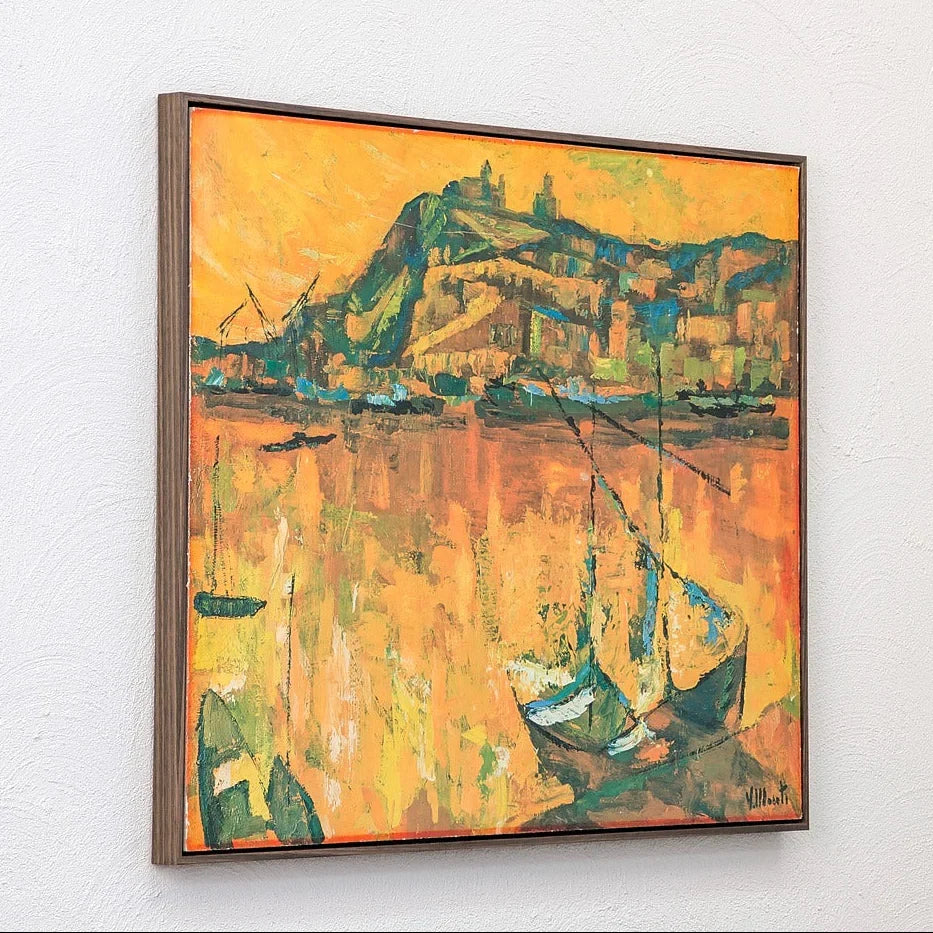 Impressionist painting of a harbor scene with boats and a hill with buildings in warm orange and green tones