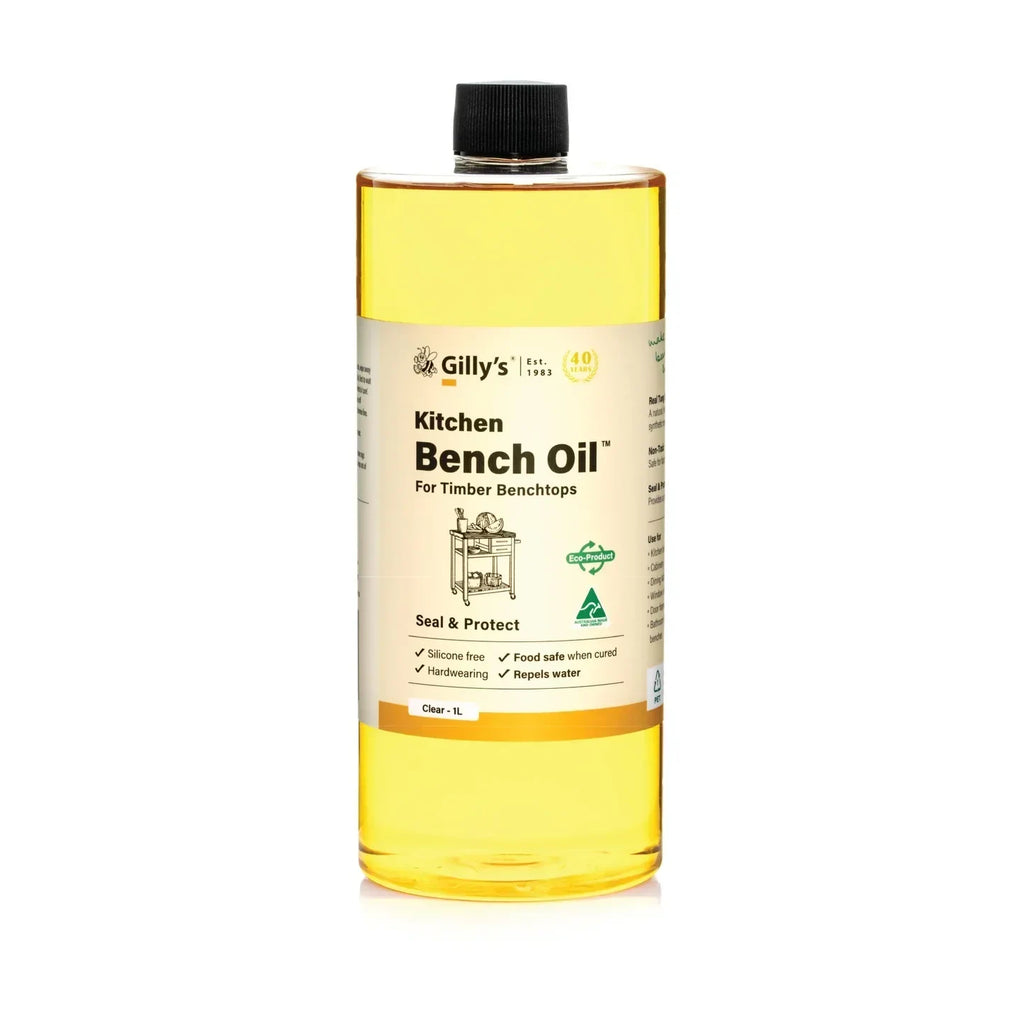 Gilly's Kitchen Bench Oil 1L bottle for timber benchtops, clear label, black cap