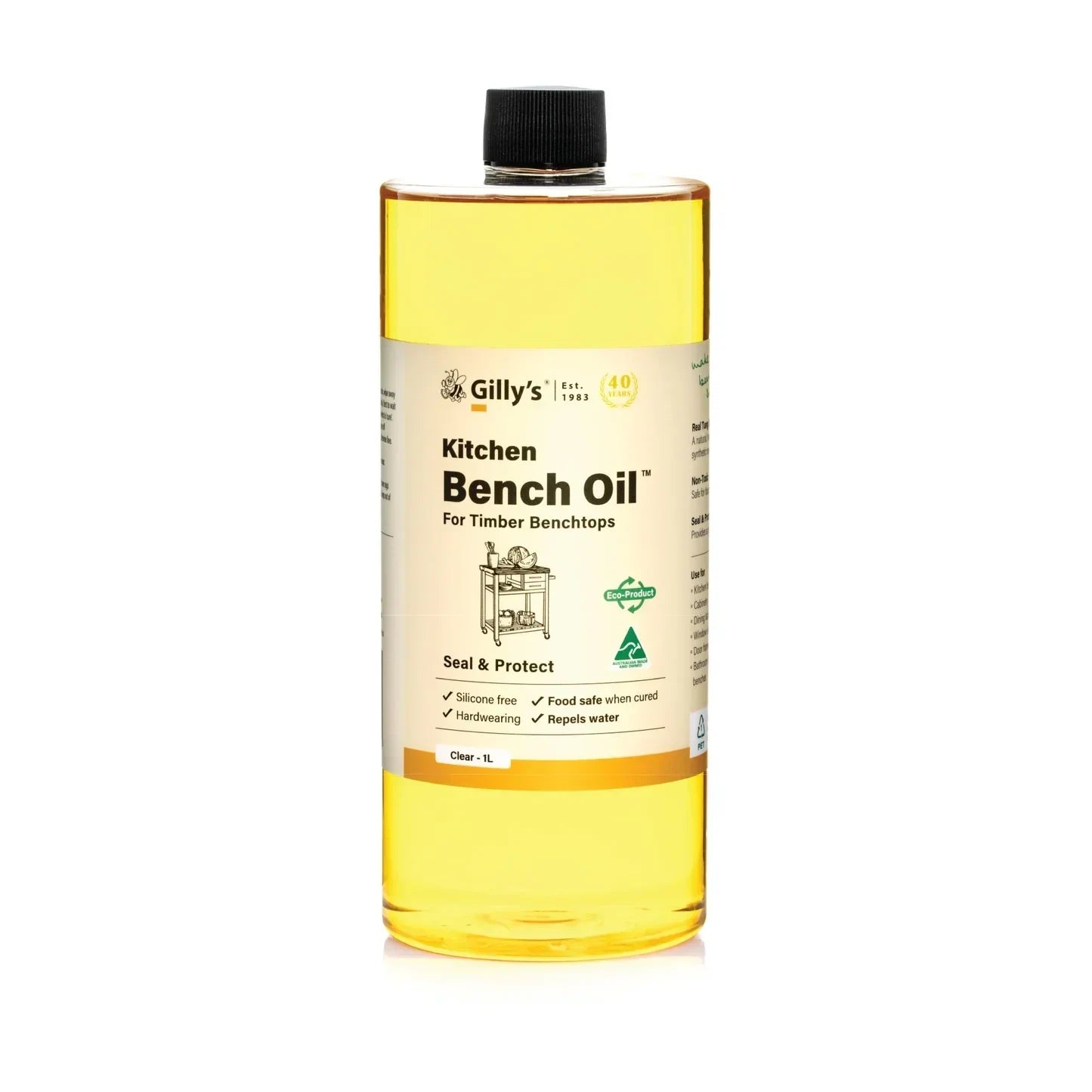 Gilly's Kitchen Bench Oil 1L bottle for timber benchtops, clear label, black cap