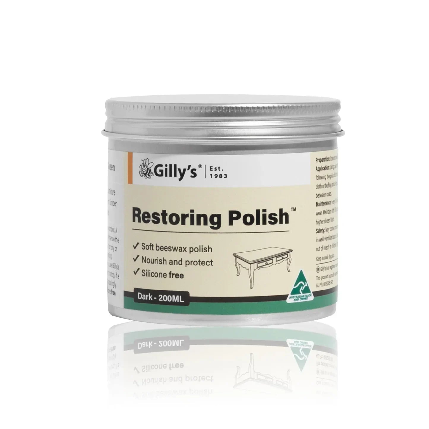 Gilly's Restoring Polish Dark 200ML beeswax furniture polish jar on white background