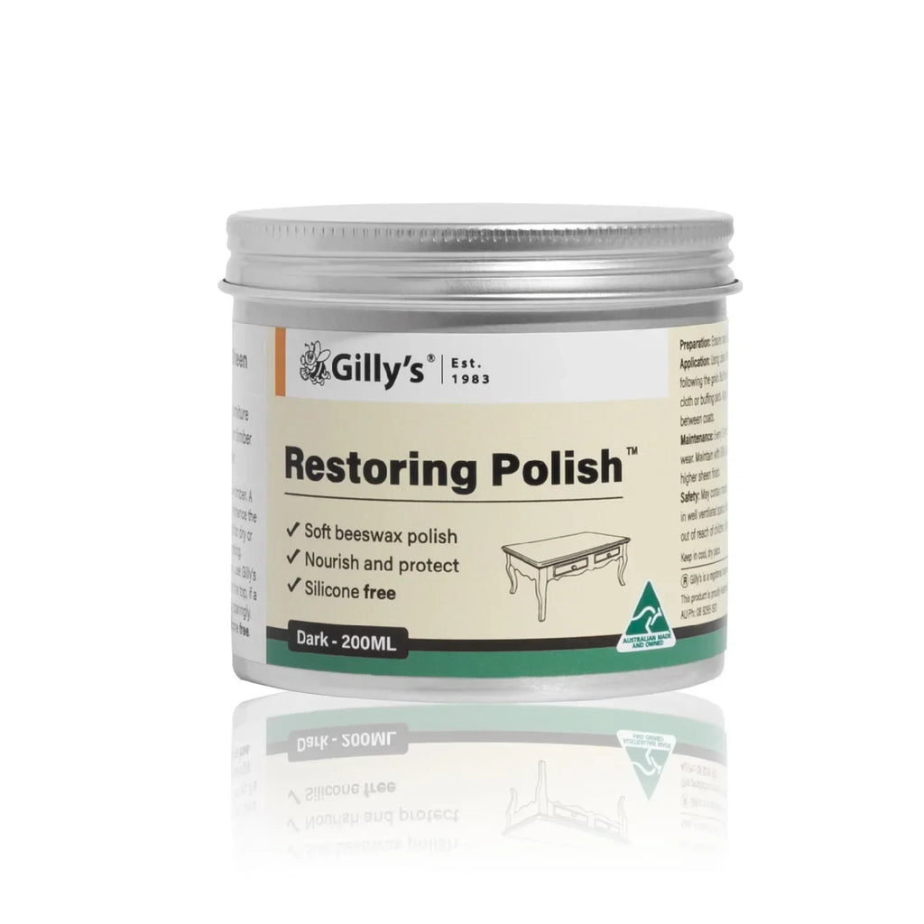 Gilly's Restoring Polish Dark 200ML jar, soft beeswax furniture polish, silicone free