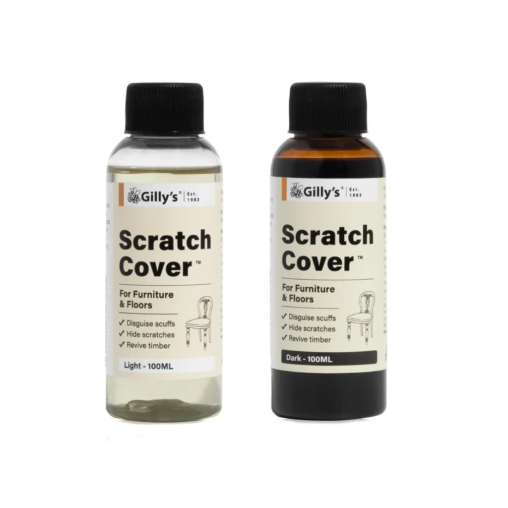 Gilly's Scratch Cover Light and Dark bottles for furniture and floor scratch repair