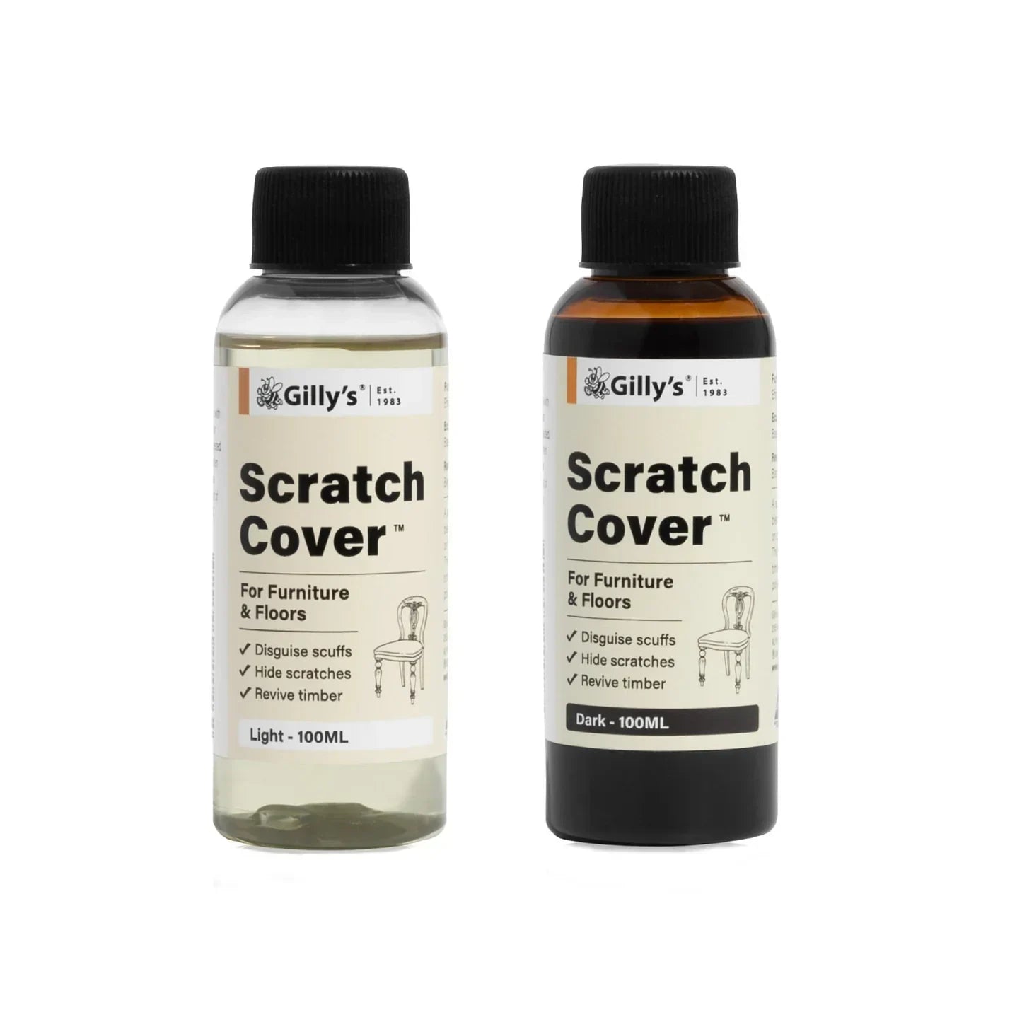 Gilly's Scratch Cover Light and Dark bottles for furniture and floor scratch repair
