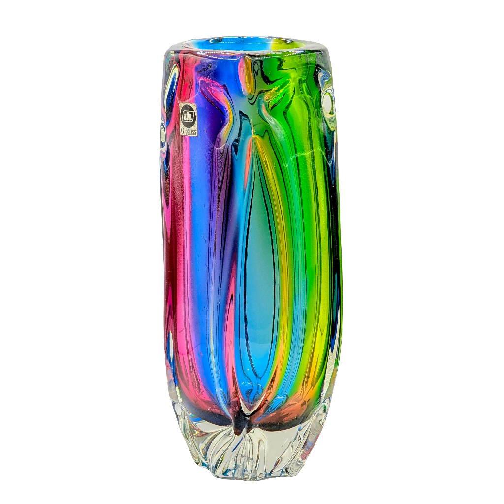 Rare Iwatsu Rainbow Art Glass Vase |  Osaka, Japan | c1965