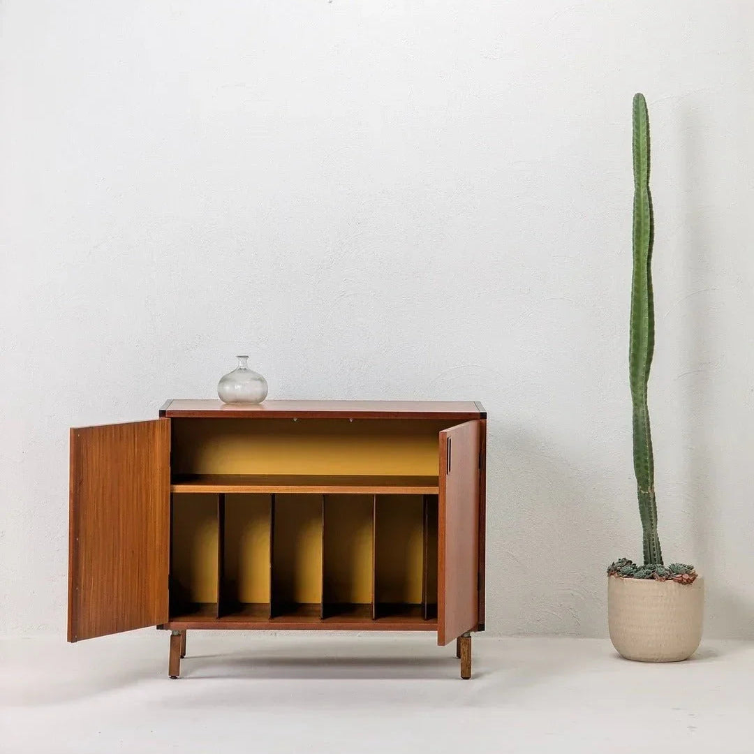 1970s Danish teak vinyl LP cabinet with open doors, glass vase on top, and potted cactus