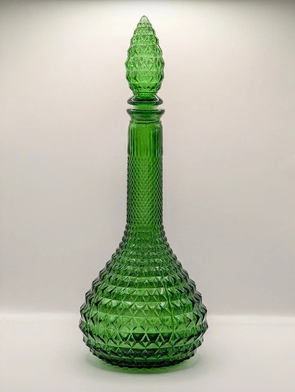 Green Empoli diamond point glass genie bottle decanter with stopper, mid-century design