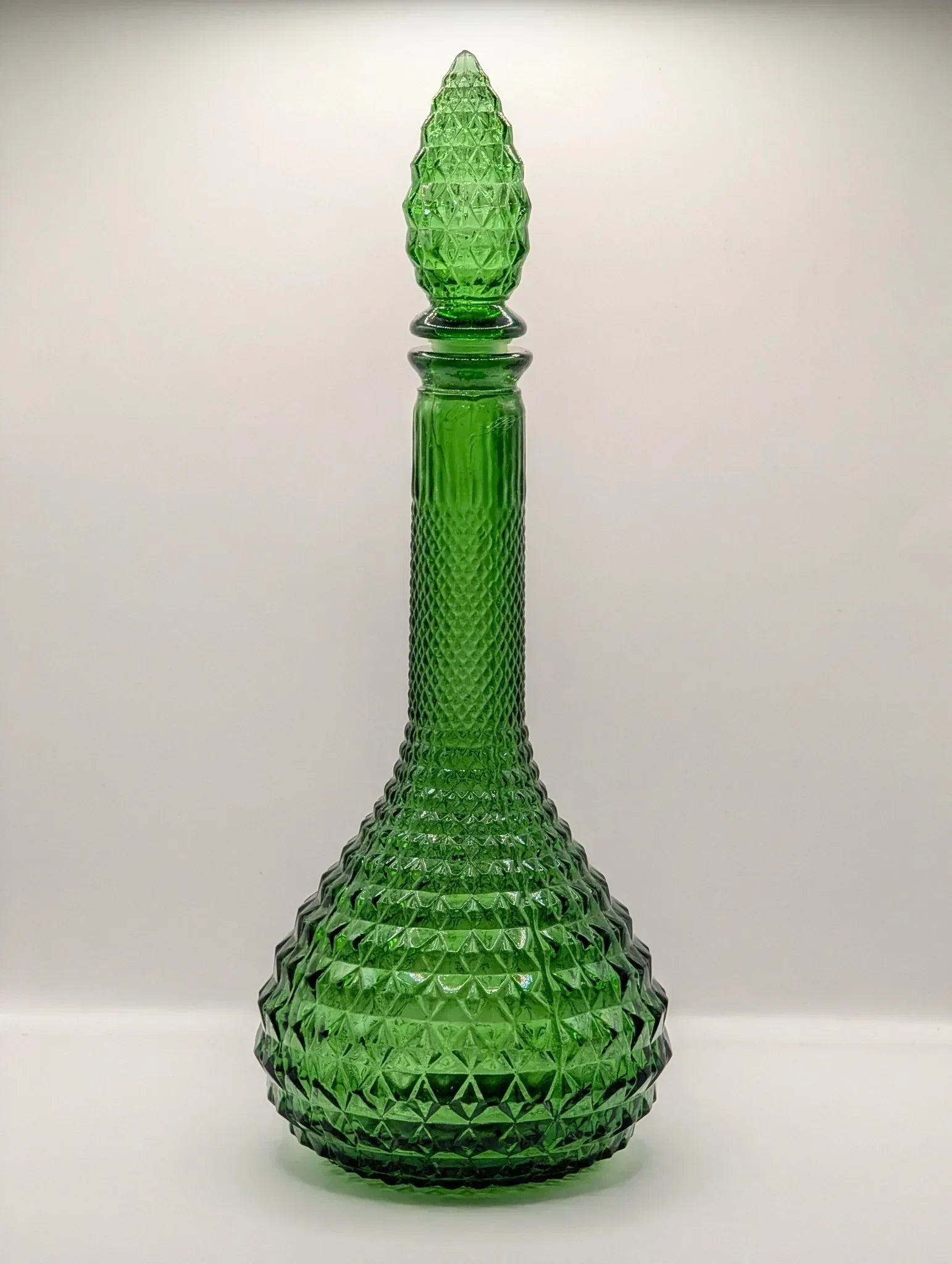 Green Empoli diamond point glass genie bottle decanter with stopper, mid-century design