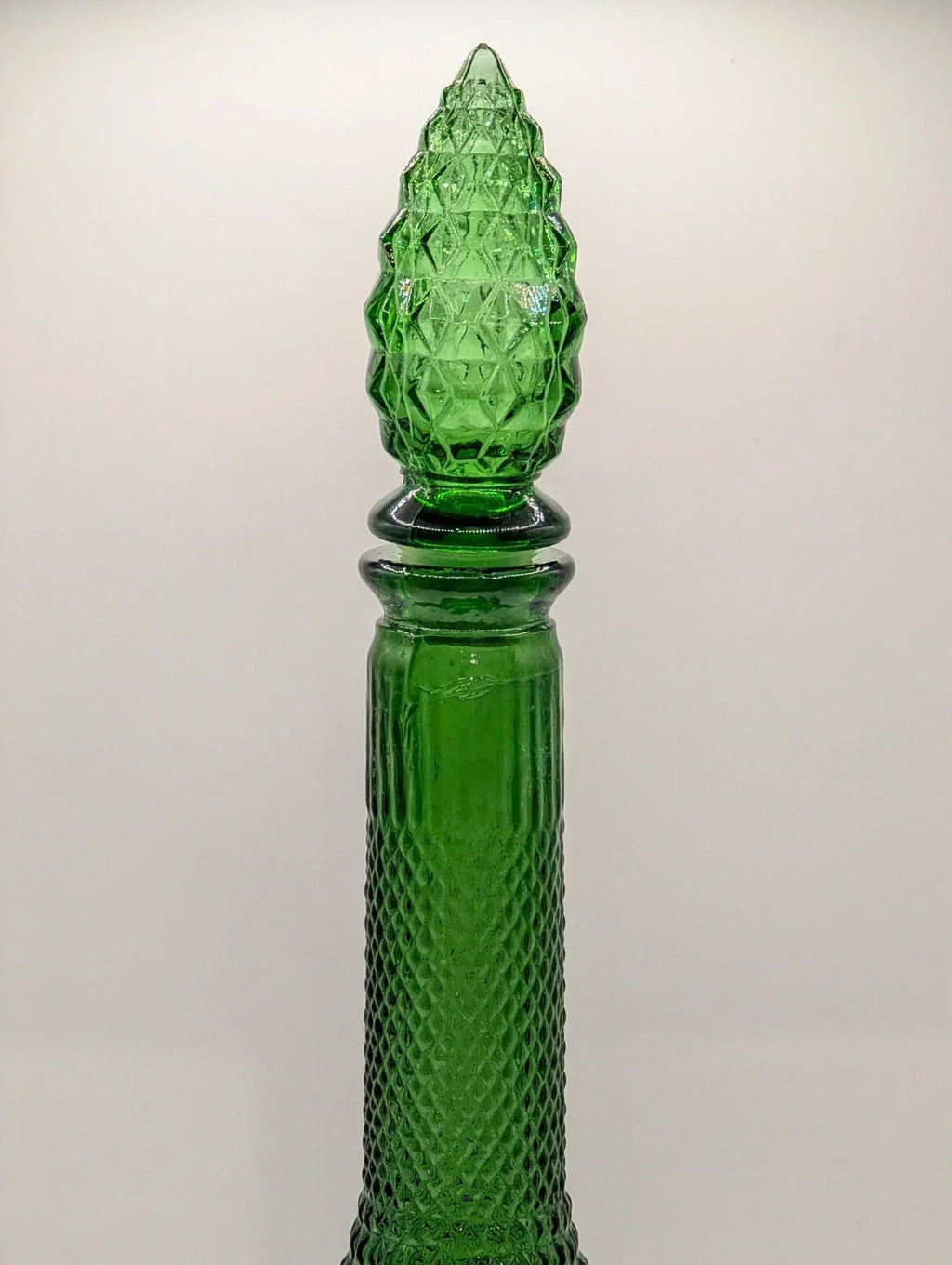 Green mid-century Italian Empoli diamond point glass genie bottle decanter