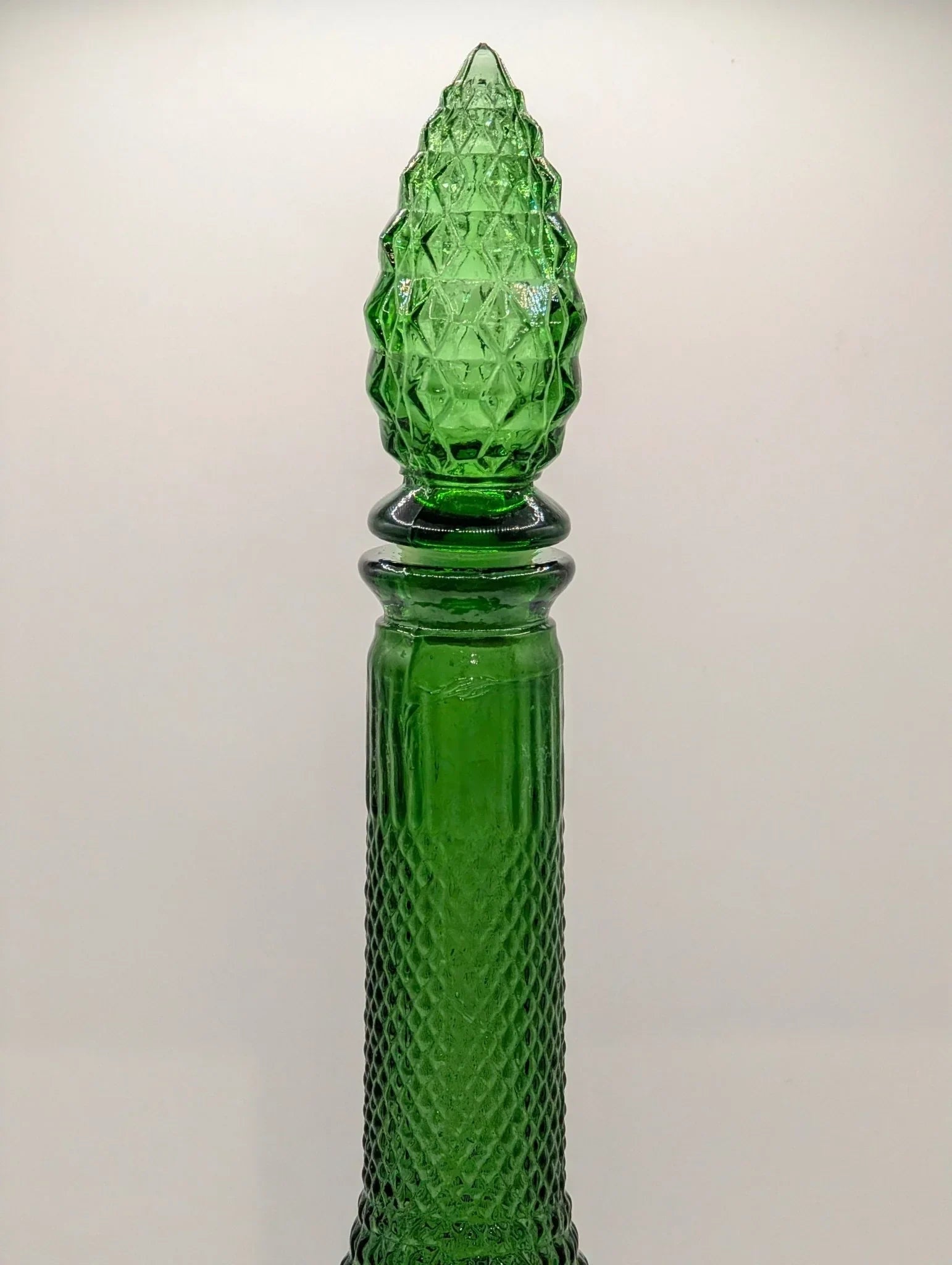 Green mid-century Italian Empoli diamond point glass genie bottle decanter