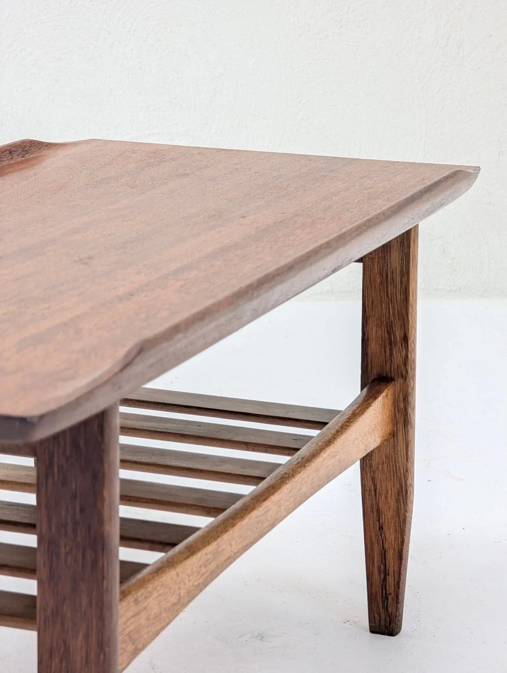 Italian solid teak tray top coffee table with slatted shelf, vintage mid-century design