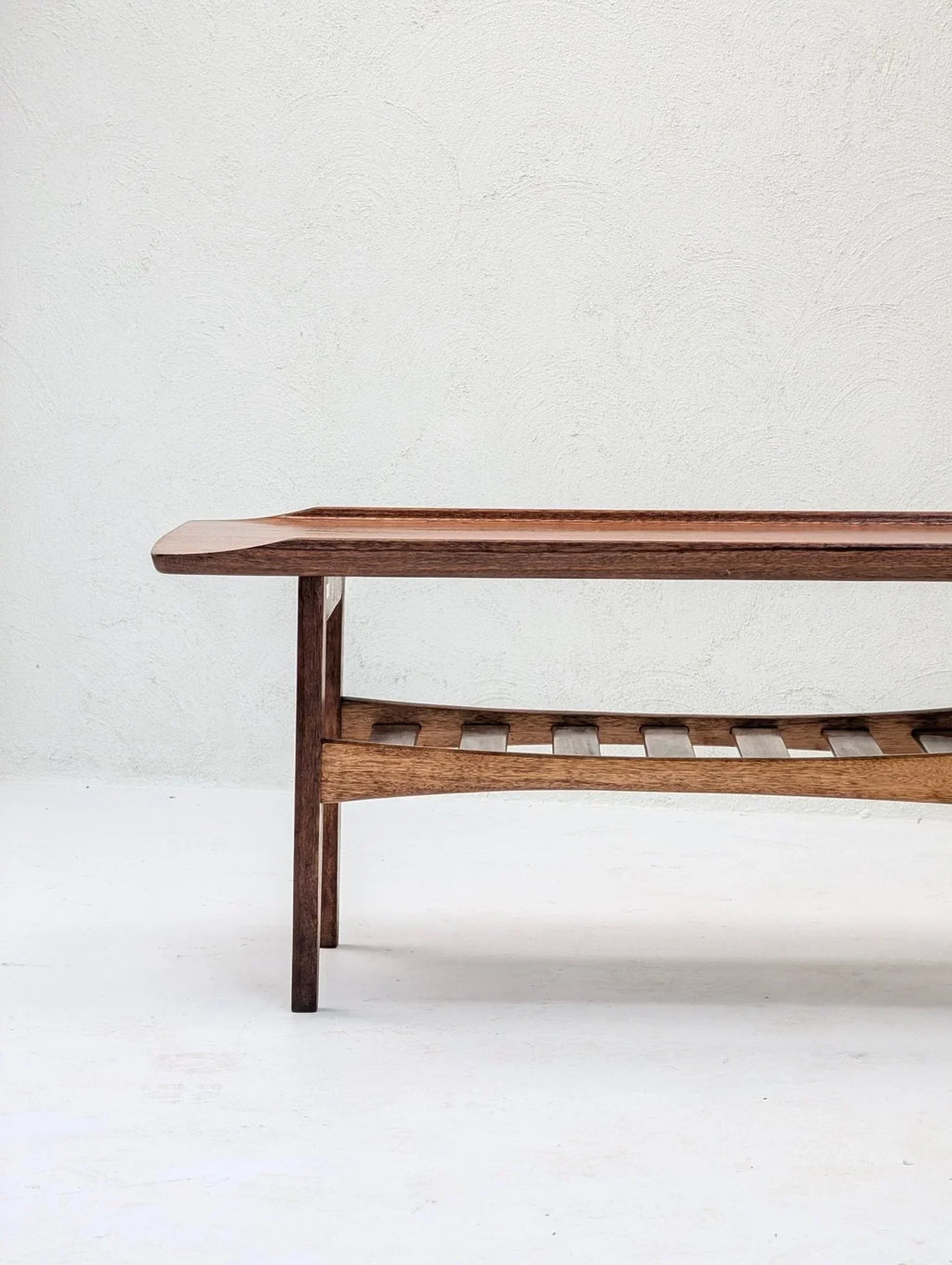Mid-century Italian solid teak tray top coffee table with slatted lower shelf, minimalist style