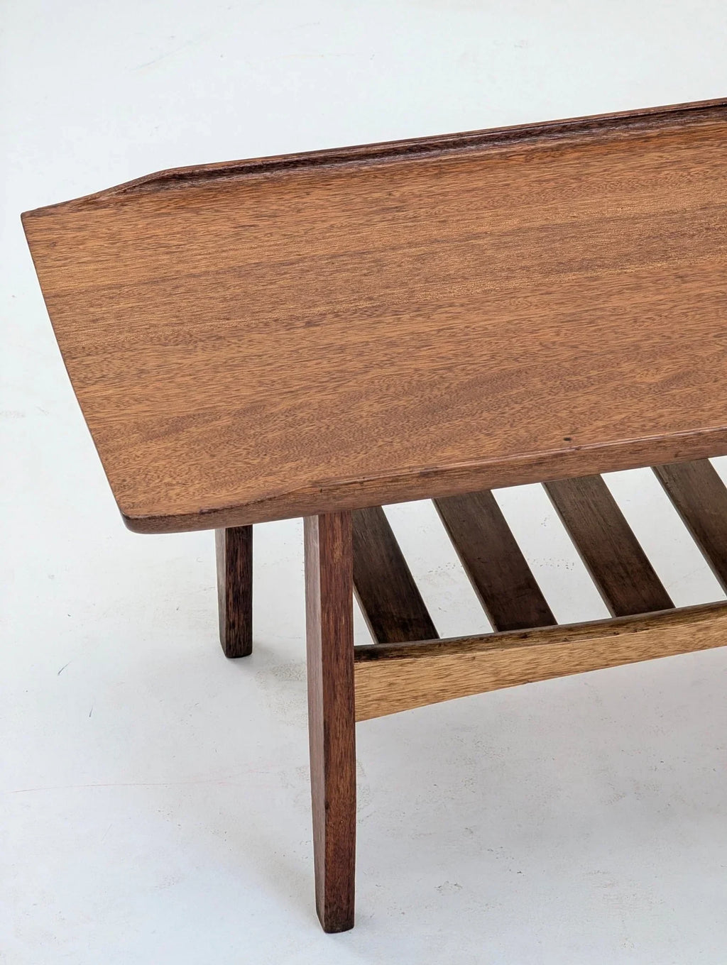 Italian solid teak tray top coffee table with slatted shelf, mid-century modern design