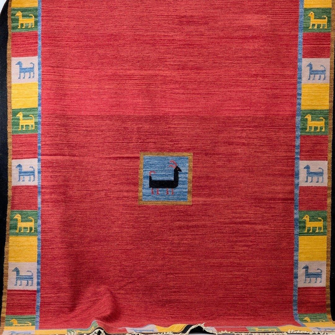 Monumental Vintage Persian Qashqai Gabbeh Rug with Animal Motifs in Madder Red, Circa 1970 - Fox & Wedge