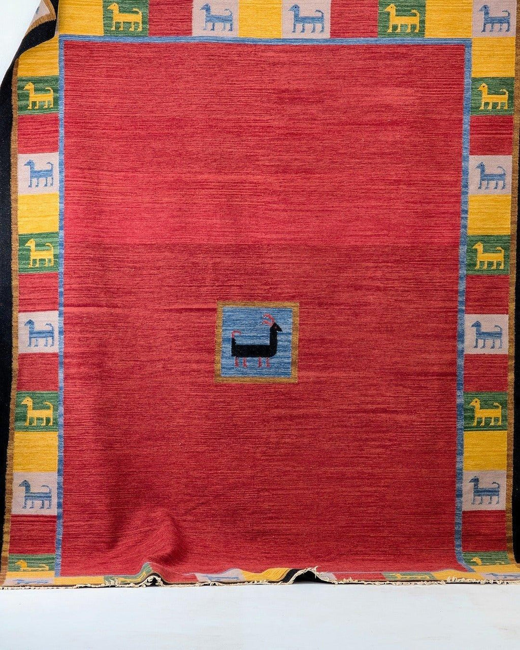 Monumental Vintage Persian Qashqai Gabbeh Rug with Animal Motifs in Madder Red, Circa 1970 - Fox & Wedge