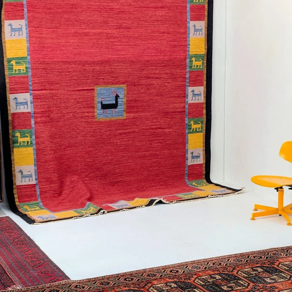 Monumental Vintage Persian Qashqai Gabbeh Rug with Animal Motifs in Madder Red, Circa 1970 - Fox & Wedge