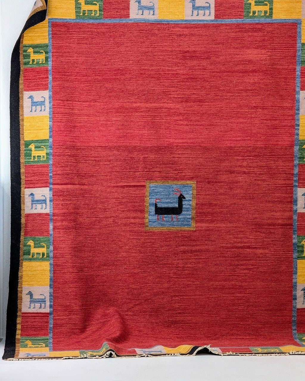 Monumental Vintage Persian Qashqai Gabbeh Rug with Animal Motifs in Madder Red, Circa 1970 - Fox & Wedge