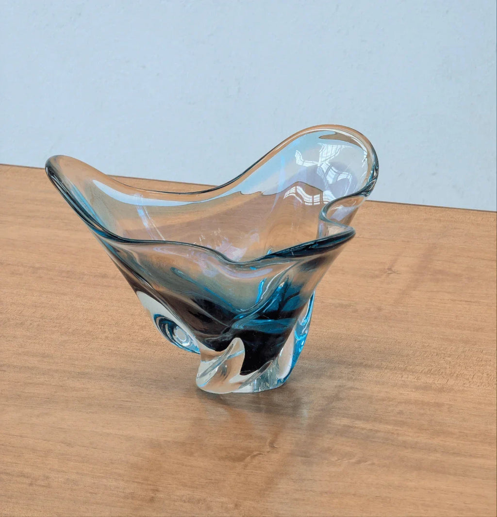 Murano handkerchief glass vase with blue hues on wood table