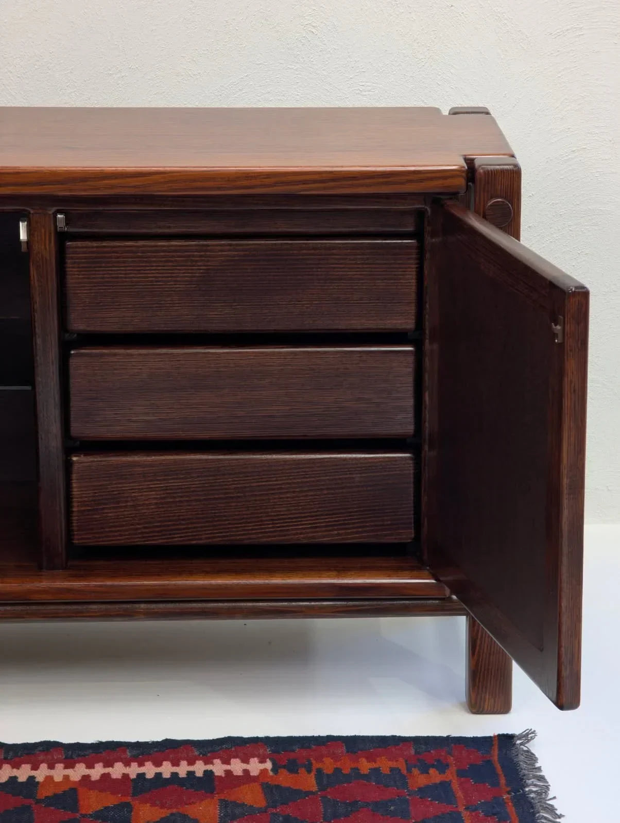 Mid-century solid Victorian alpine ash sideboard with open door and geometric rug