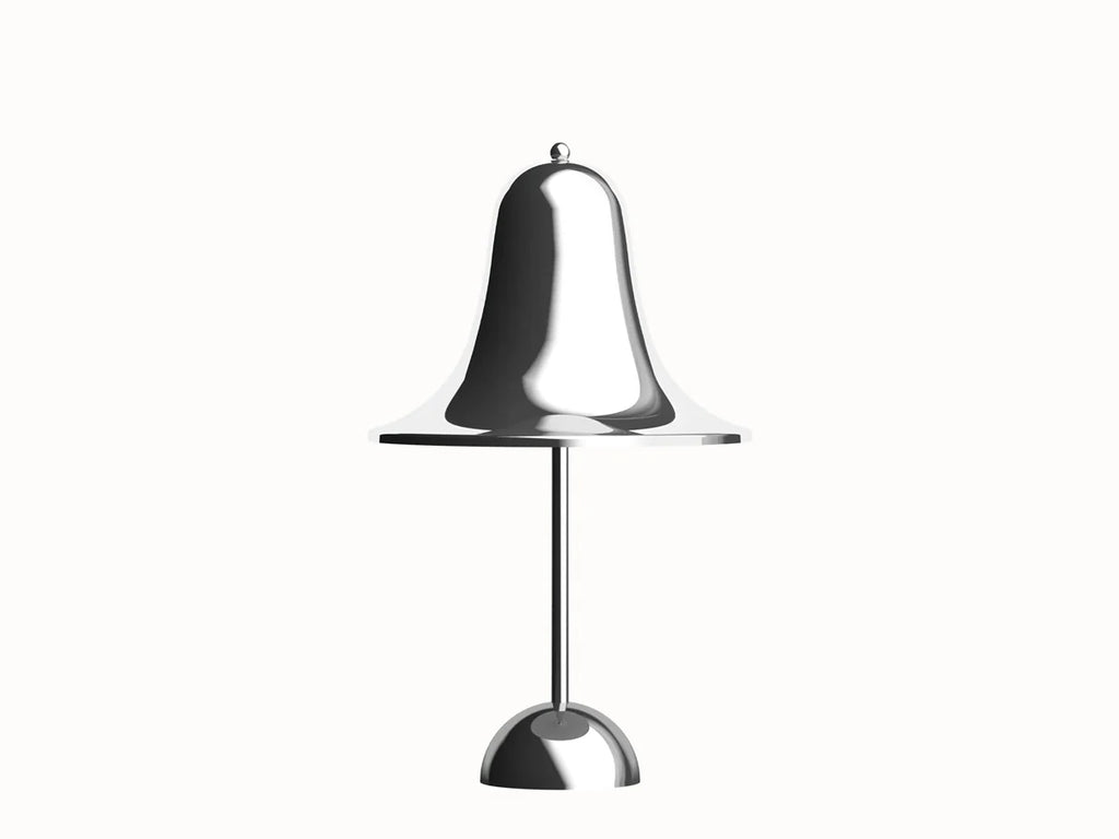 A modern metallic table lamp with a bell-shaped shade, a slim central stem, and a round base, shown on a plain white background.