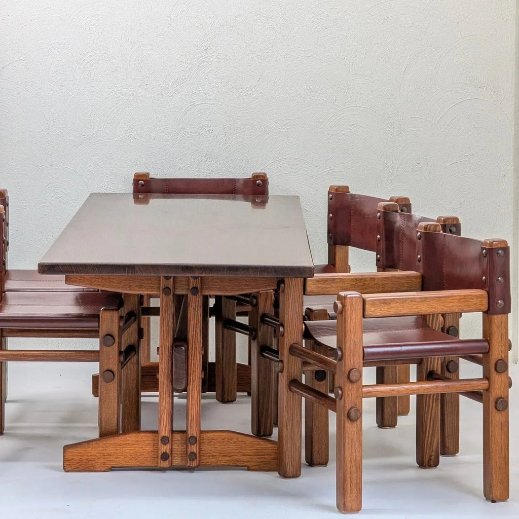 Set of six 1970s oak and brown leather dining chairs with matching wooden table