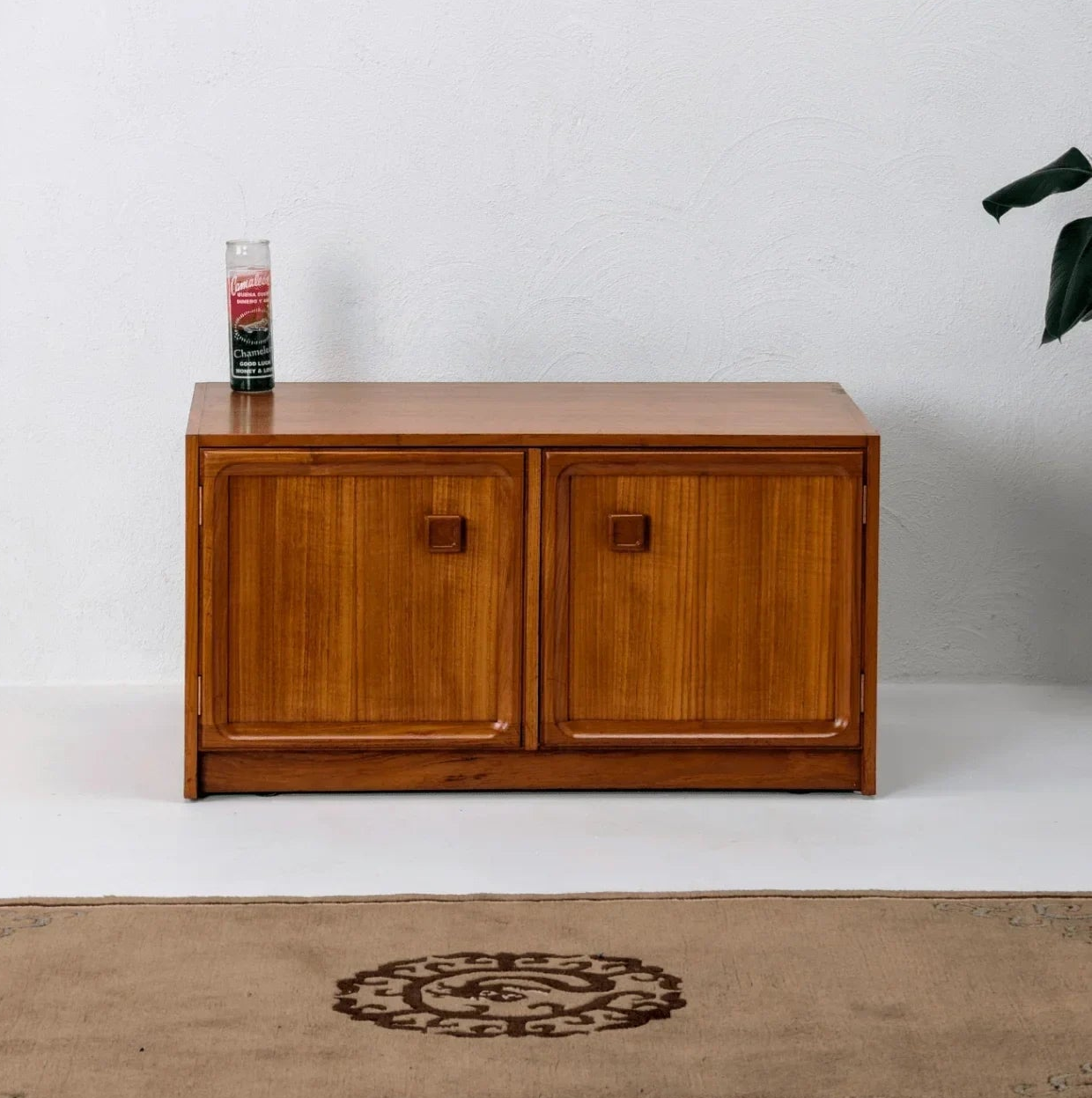 Mid-century teak record cabinet with two doors in a minimalist room setting